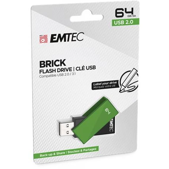 Pendrive, 64GB, USB 2.0, EMTEC "C350 Brick", zöld