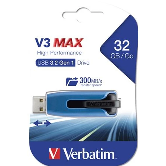 Pendrive, 32GB, USB 3.2, 175/80 MB/s, VERBATIM "V3 MAX", kék-fekete