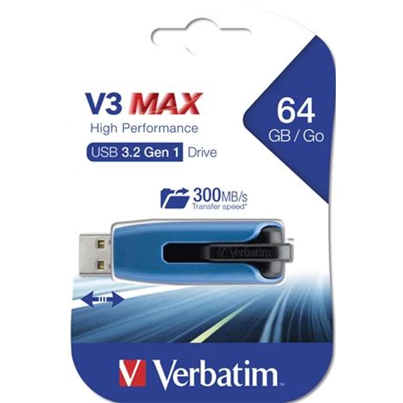 Pendrive, 64GB, USB 3.2, 175/80 MB/s, VERBATIM "V3 MAX", kék-fekete