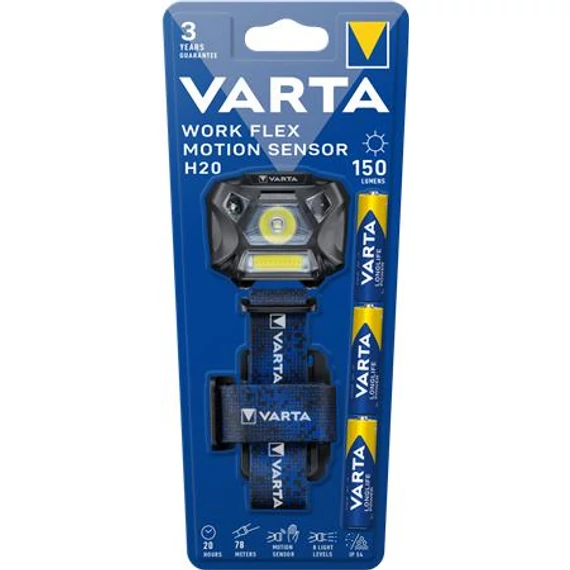 Fejlámpa, 3 LED, 3xAAA, mozgásérzékelő, VARTA "Work Flex H20"