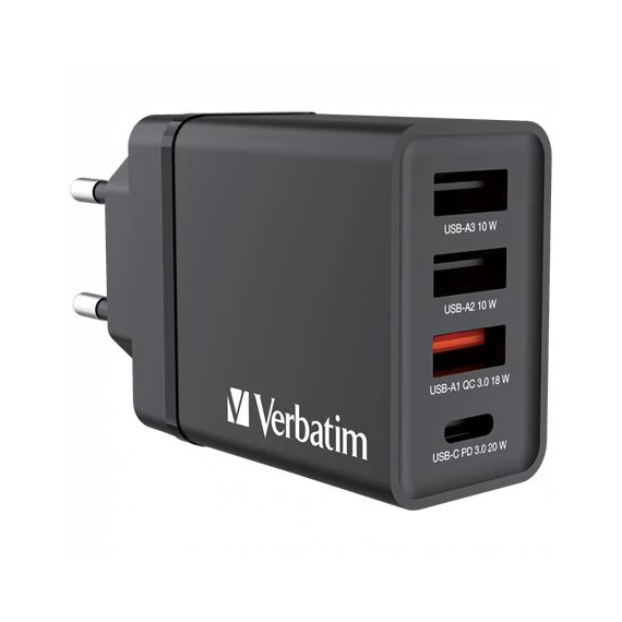 Hálózati töltő, 1xUSB-C PD (20W), USB-A QC 3.0, 2xUSB-A (10W), VERBATIM, fekete