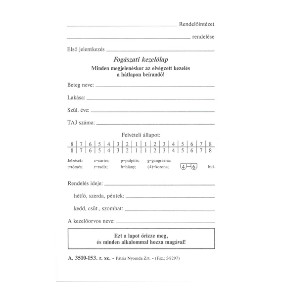 Fogászati kezelőlap 85x135 mm