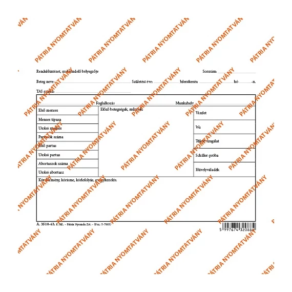 Nőgyógyászati karton szabadlap A/5 fekvő