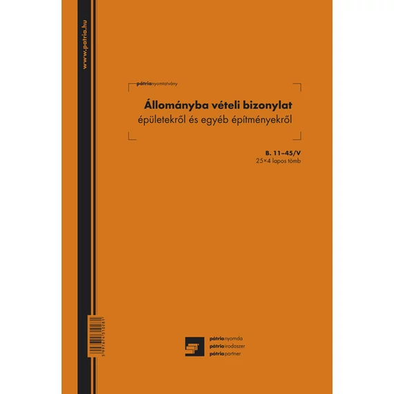 Állománybavételi bizonylat épületekről és építményekről 25x4 lapos tömb A/4 álló