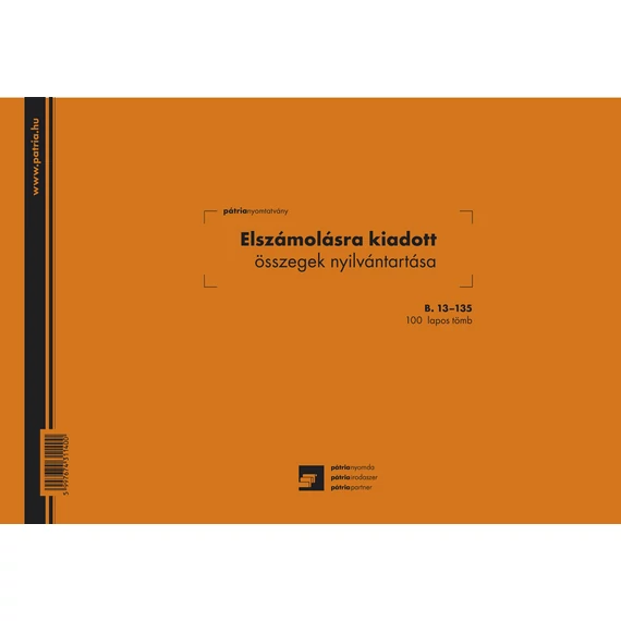 Elszámolásra kiadott összegek nyilvántartása 100 lapos tömb A/4 fekvő