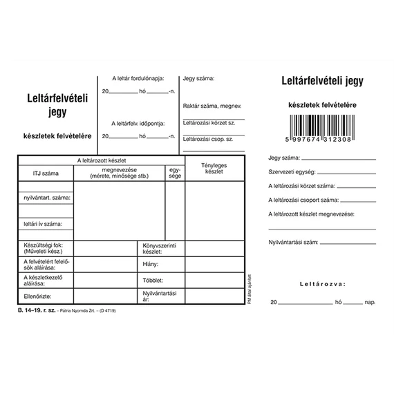 Leltárfelvelvételi jegy készletek felvételére 100 lapos tömb A/5 fekvő