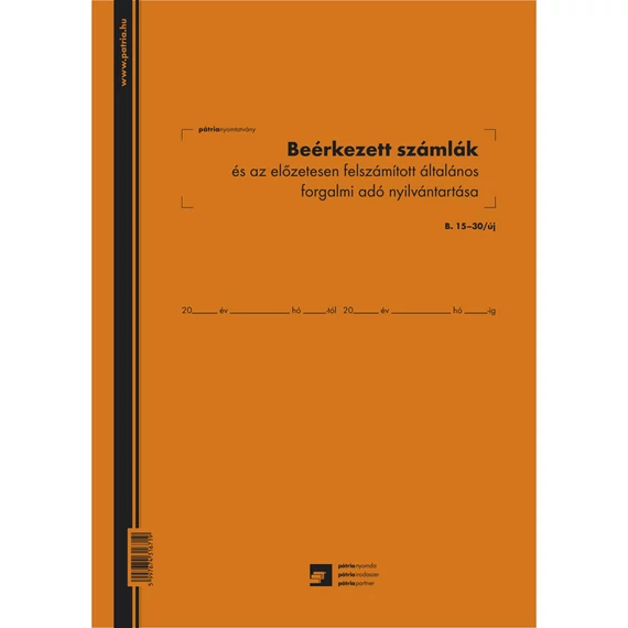 Beérkezett számlák és az előzetesen felszámított általános forgalmi adó nyilvántartó 50 lapos füzet 3 Áfás 240x340 mm