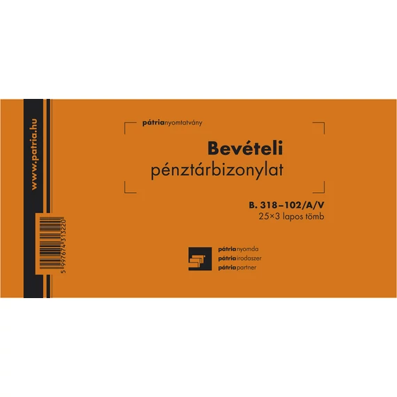 Nyomtatvány, bevételi pénztárbizonylat, 25x3, PÁTRIA NYOMTATVÁNY "B.318-102/A/V"