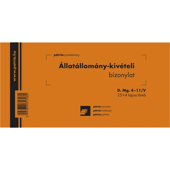 Állatállomány kivételi bizonylat 25x4 lapos tömb 203x102 mm Állatállomány kivételi bizonylat 25x4 lapos tömb 203x102 mm