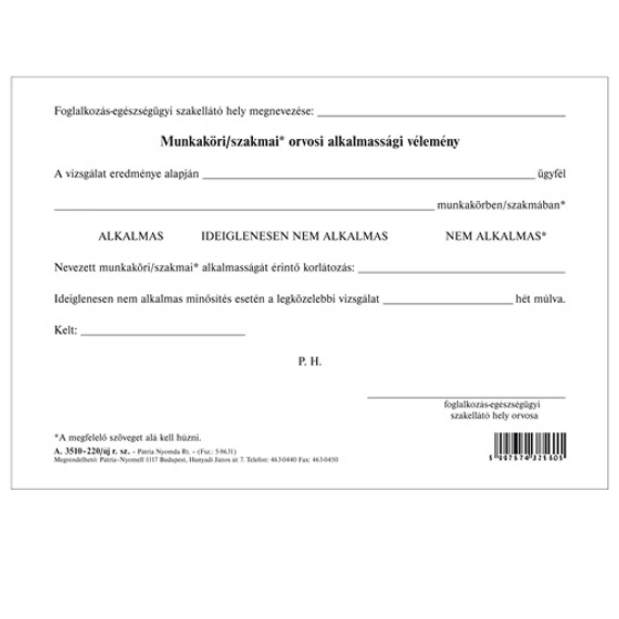 Munkaköri / szakmai orvosi alkalmassági vélemény szabadlap A/5 fekvő