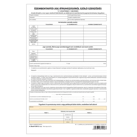 Üzembentartói jog átruházásáról szóló szerződés 4 lapos garn. A/4