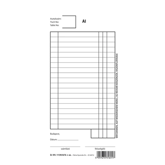 Felszolgáló számla 25x2 lapos tömb 102x203 mm