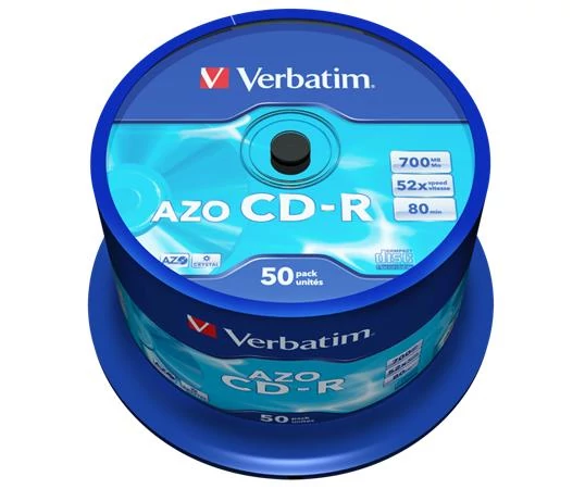 CD-R lemez, Crystal bevonat, AZO, 700MB, 52x, 50 db, hengeren VERBATIM 