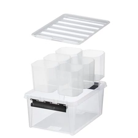 Műanyag tárolódoboz, fekete fogantyúkkal, 6 rekeszes, SMARTSTORE 