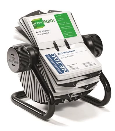 Névjegykártyatartó, fém, 400 db-os, forgatható, fekvő, DURABLE, 