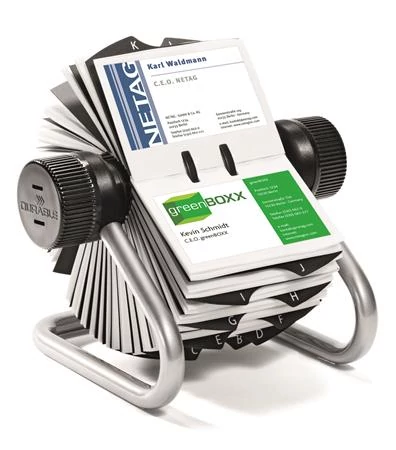 Névjegykártyatartó, fém, 400 db-os, forgatható, fekvő, DURABLE, 