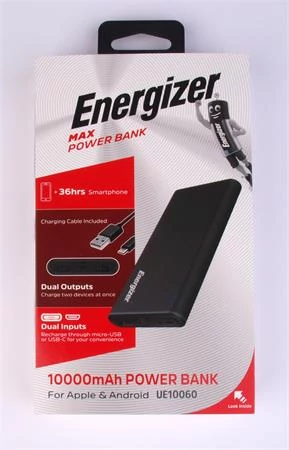 Hordozható akkumulátor, 2xUSB-A, 10000mAh, 10,5W, ENERGIZER 