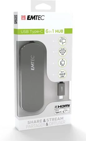 USB elosztó-HUB, USB-C/USB 3.1/HDMI/SD kártya, EMTEC 