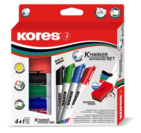 Tábla- és flipchart marker készlet mágneses táblatörlő szivaccsal, 3 mm, kúpos KORES 