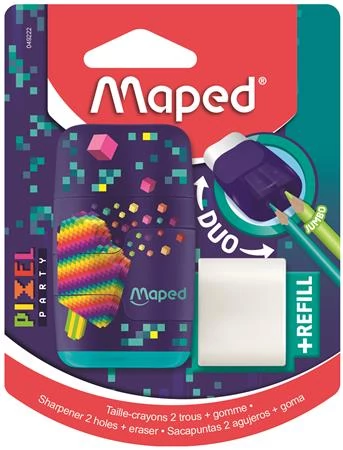 Hegyező és radír, kétlyukú, tartályos, pótradírral, MAPED 