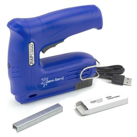 Tűzőpisztoly, vezeték nélküli, elektromos, USB, RAPESCO Germ-Savvy 