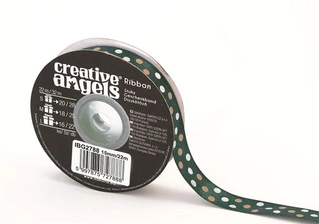 Szatén szalag, 15 mm x 22 m, sötétzöld vegyes pötyökkel
