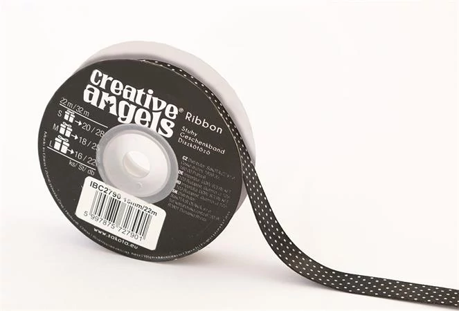 Szatén szalag, 15 mm x 22 m, fekete fehér pötyökkel