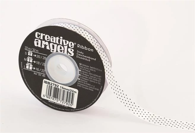 Szatén szalag, 15 mm x 22 m, fehér fekete pötyökkel