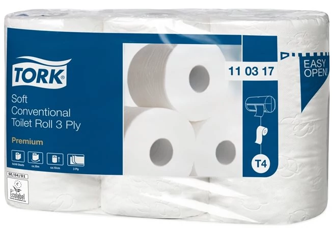 Toalettpapír, T4 rendszer, 3 rétegű, 12 cm átmérő, Premium, TORK 