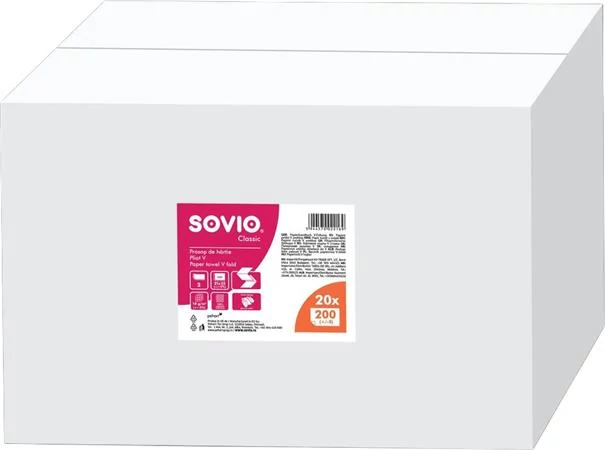 Kéztörlő, V hajtogatott, 2 rétegű, 200 lap, 21x25 cm, SOVIO