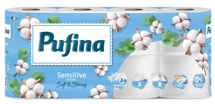 Toalettpapír, 3 rétegű, kistekercses, 8 tekercs, PUFINA 