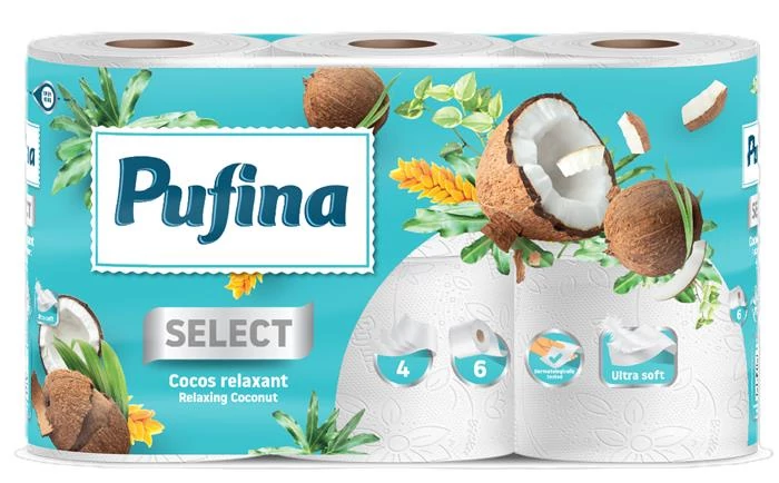 Toalettpapír, 4 rétegű, kistekercses, 6 tekercs, PUFINA 