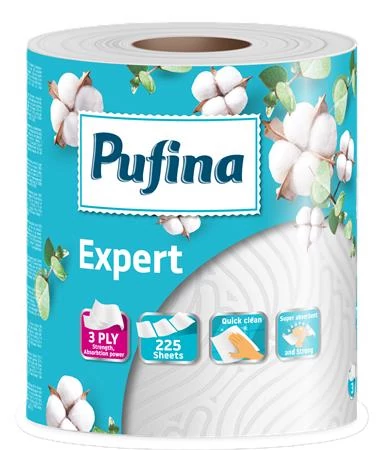 Háztartási papírtörlő, 3 rétegű, 225 lap, 1 tekercses, PUFINA 