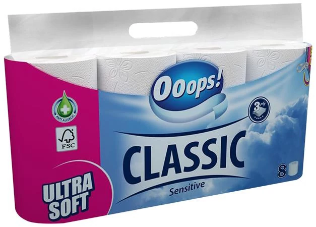 Toalettpapír, 3 rétegű, kistekercses, 8 tekercs, OOOPS 