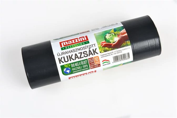Nagykukazsák, újrahasznosított, 150 l, 10 db, 80x120 cm, 25 µ, MAZZINI, fekete