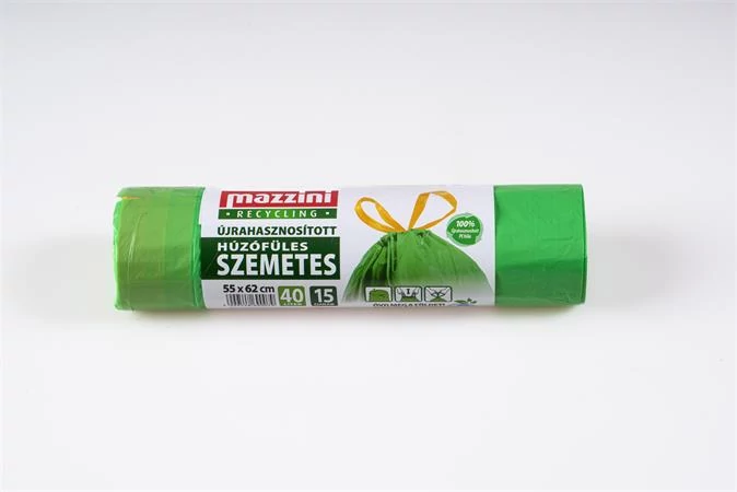 Szemeteszsák, újrahasznosított, húzófüles, 40 l, 15 db, 55x62 cm, 16 µ, MAZZINI, zöld