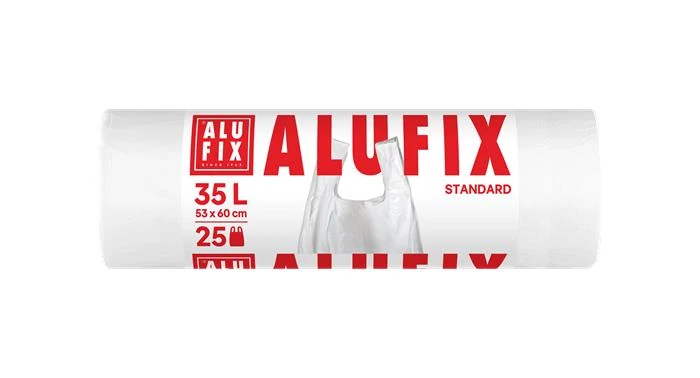 Szemeteszsák, köthető füllel, 35 l, 25 db, 53x60 cm, 10 µ, ALUFIX, fehér