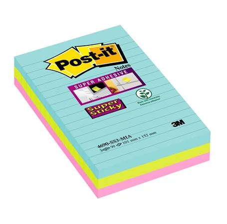 Öntapadó jegyzettömb, vonalas, 3x90 lap, 101x152 mm, 3M POSTIT 