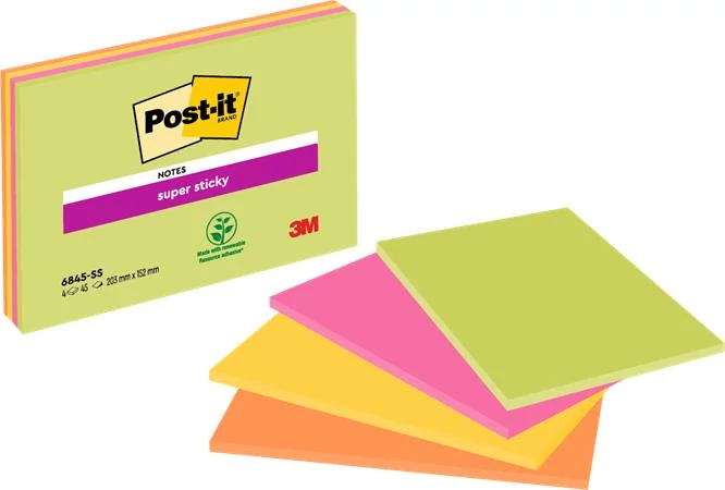 Öntapadó jegyzettömb, 203x152 mm, 4x45 lap, 3M POSTIT 