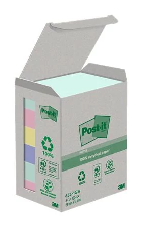 Öntapadó jegyzettömb, 38x51 mm, 6x100 lap, környezetbarát, 3M POSTIT 