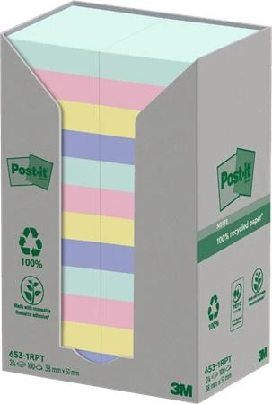 Öntapadó jegyzettömb, 38x51 mm, 24x100 lap, környezetbarát, 3M POSTIT 