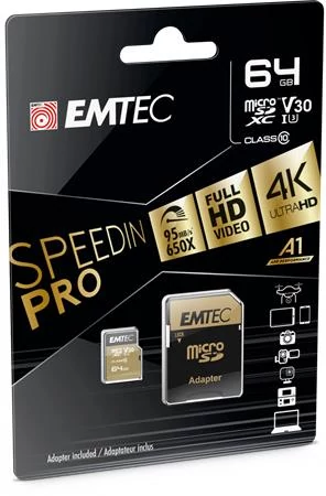 Memóriakártya, microSDXC, 64GB, UHS-I/U3/V30/A2, 100/95 MB/s, adapter, EMTEC 