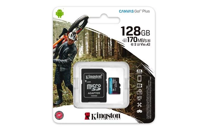 Memóriakártya, microSDXC, 128GB, C10/UHS-I/U3/V30/A2, adapter, KINGSTON 
