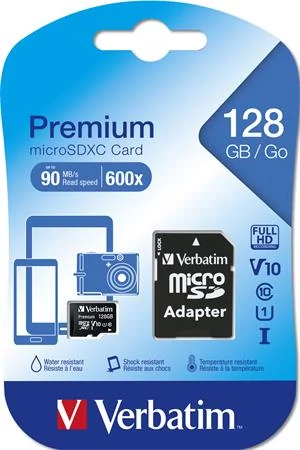 Memóriakártya, microSDXC, 128GB, CL10/U1, 90/10 MB/s, adapter, VERBATIM 