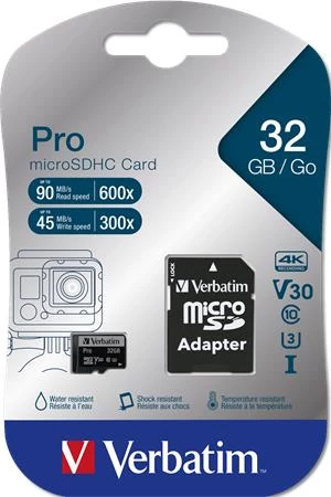 Memóriakártya, microSDHC, 32GB, CL10/U3, 90/45 MB/s, adapter, VERBATIM 