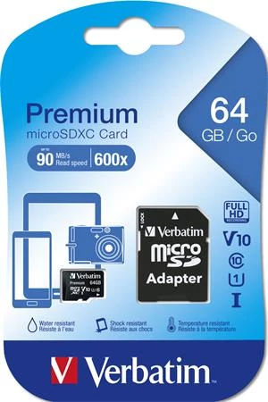 Memóriakártya, microSDXC, 64GB, CL10/U1, 90/10 MB/s, adapter, VERBATIM 