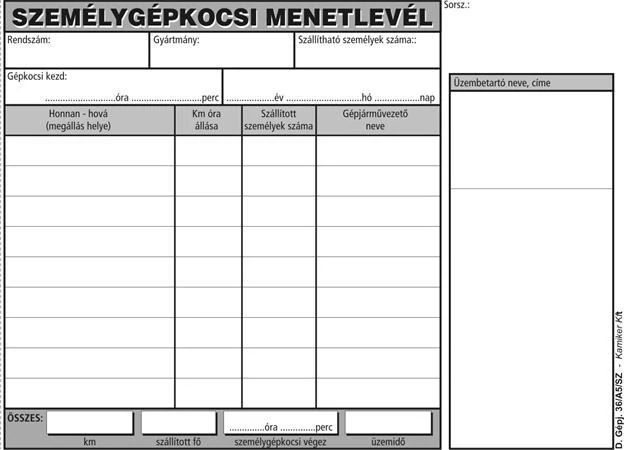 Nyomtatvány, menetlevél, személygépkocsi, 100 lap, A5, fekvő, VICTORIA PAPER, 
