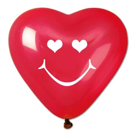 Léggömb, 40 cm, szív alakú, smiley, piros, 10 db/csomag