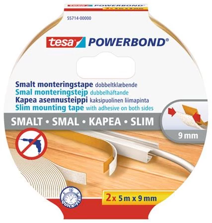 Szerelőszalag, keskeny, 2 x 9 mm x 5 m, TESA, 