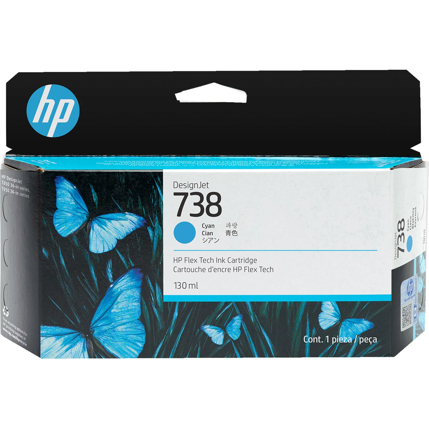 498N5A Tintapatron DesignJet T850 nyomtatóhoz, HP 738, cián, 130ml